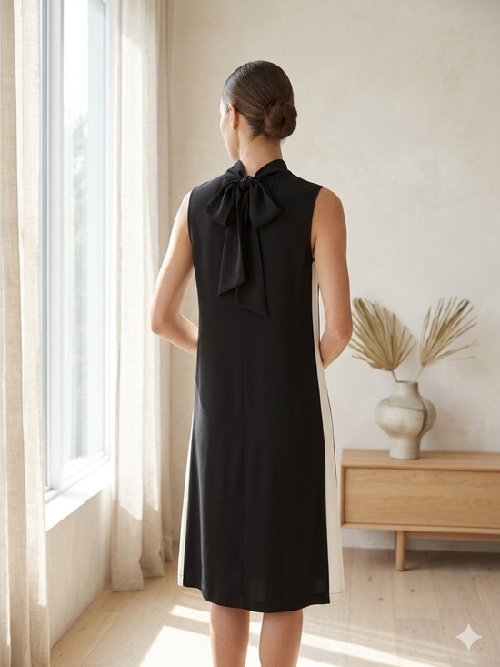 Dresses & Skirts - Vintage black & white tie neck sleeveless midi dress - size Large (L)